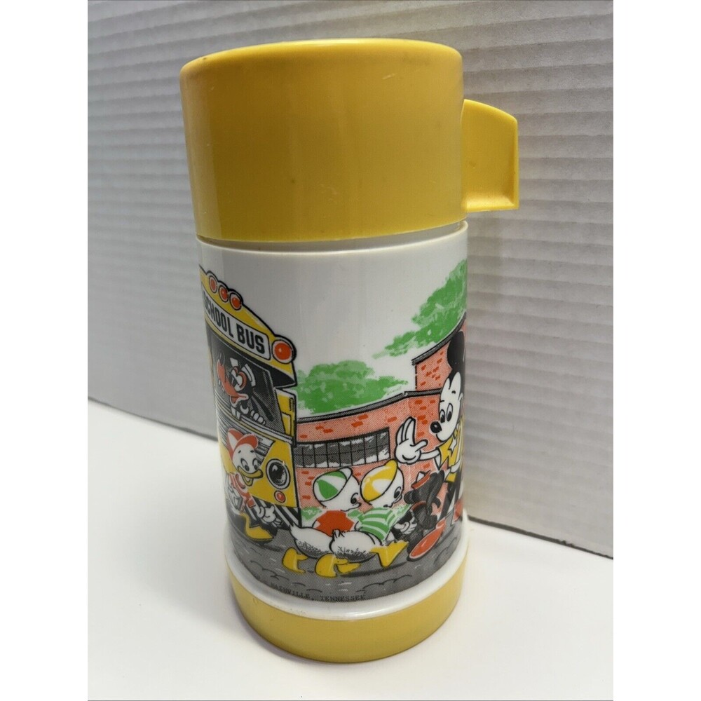 VTG Disney Mickey School Bus Yellow Thermos By Aladdin, Bottle, Lid/Cup  Stopper